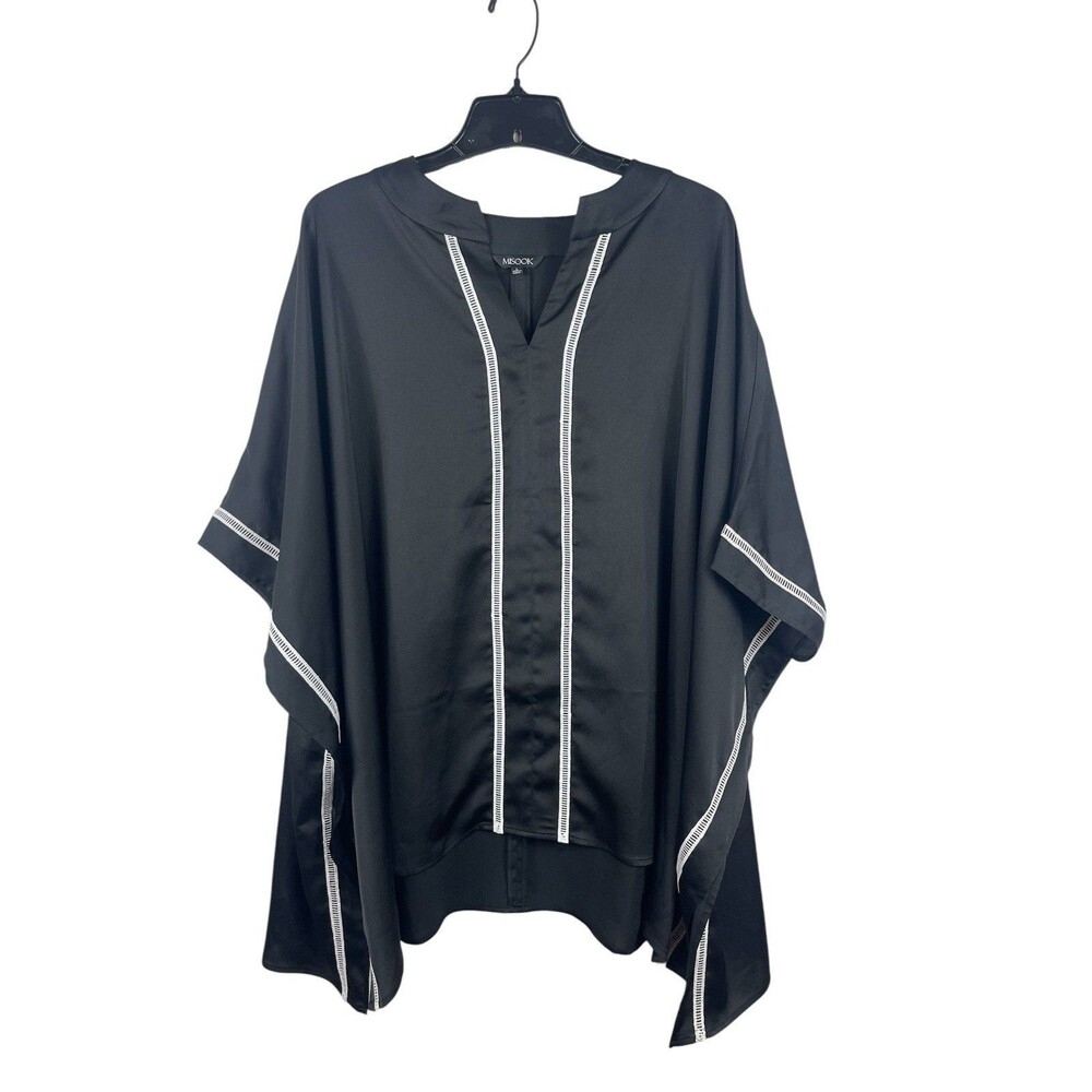 MISOOK Black Kimono Poncho Blouse Top L Contrast Trim Flowy Caftan Tunic